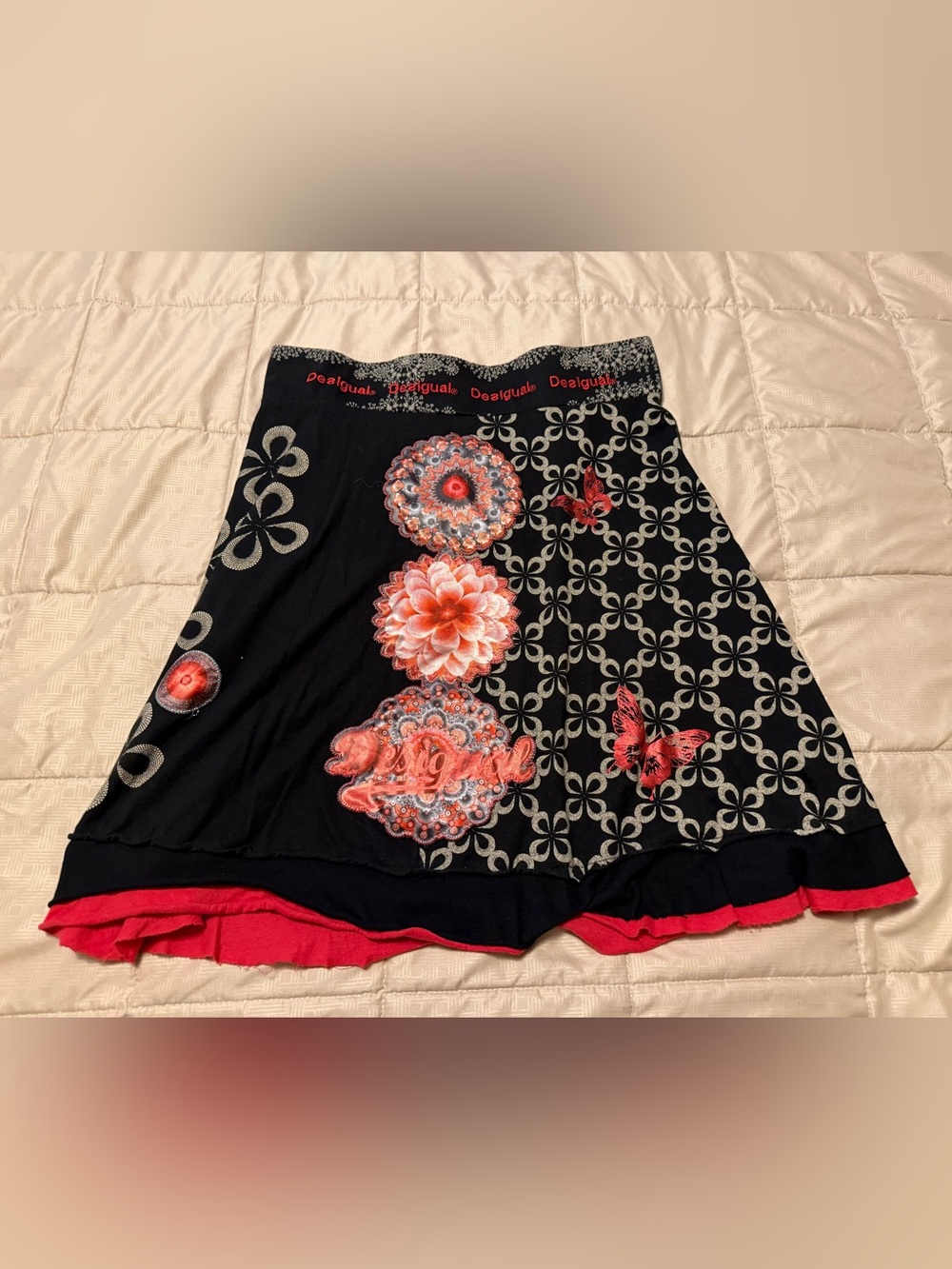 Desigual Black Skirt with Coral Floral & Butterfly Motif